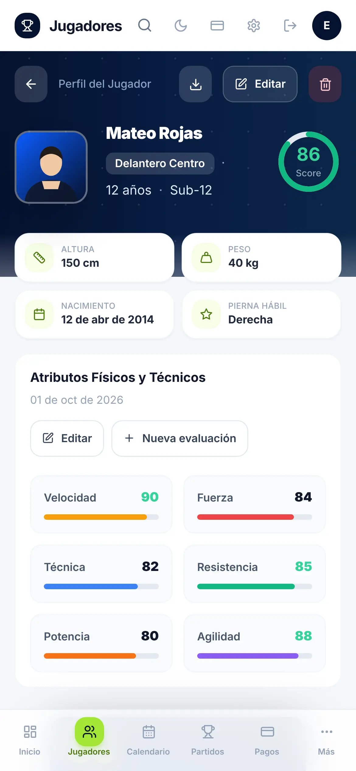 Ficha de un jugador en el celular: puntaje, datos físicos y los seis atributos con barras de colores.